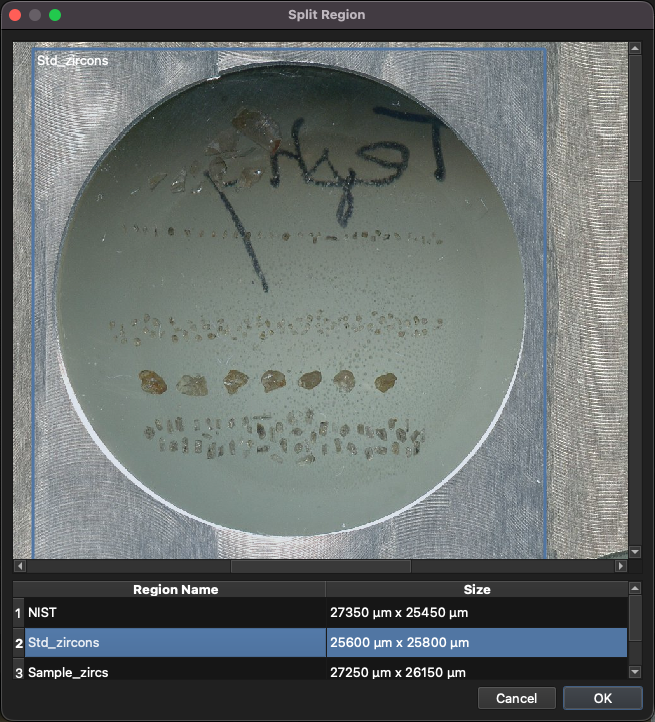 An example of splitting a region into sub-regions in the Split Region window