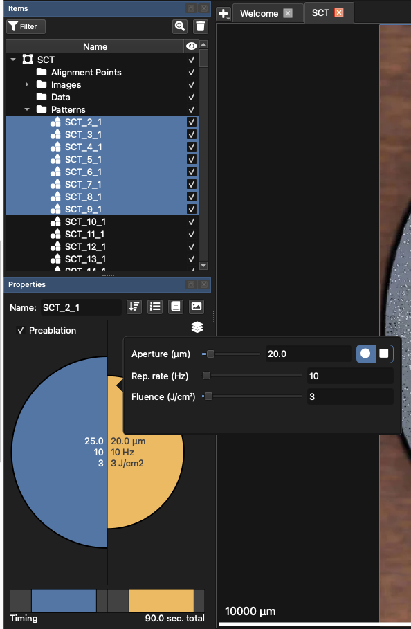 A screenshot of the Properties Panel showing ablation properties for a selection of spot patterns