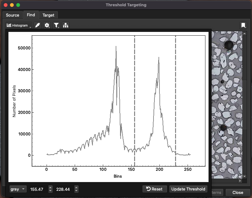 A screenshot showing the histogram used for setting thresholds in grain detection