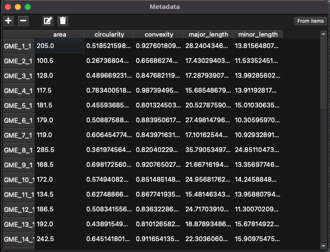 A screenshot of the metadata window