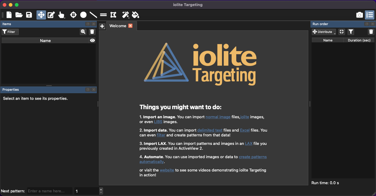 A screenshot showing the welcome tab of iolite Targeting